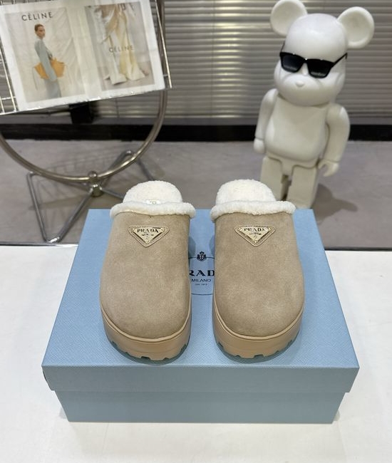 Prada Warm Plush Lined Slippers Lightweight Soft Anti Slip Sole