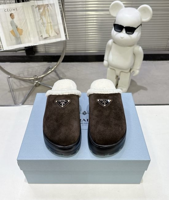 Prada Warm Plush Lined Slippers Lightweight Soft Anti Slip Sole
