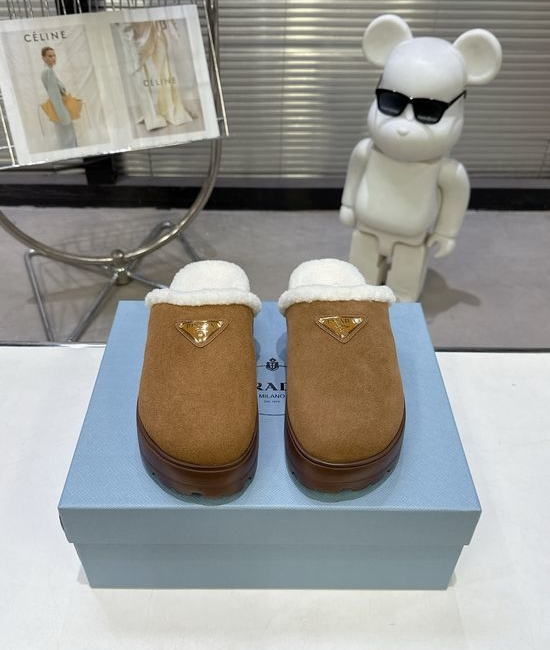 Prada Warm Plush Lined Slippers Lightweight Soft Anti Slip Sole