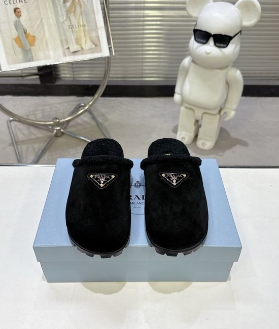 Prada Soft Suede Wool Lined Slip-On Clog Slippers