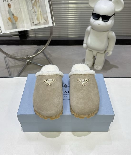 Prada Soft Suede Wool Lined Slip-On Clog Slippers