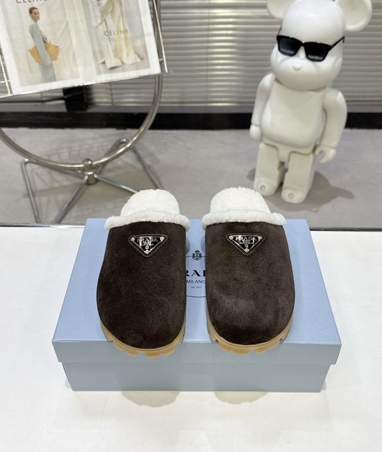 Prada Soft Suede Wool Lined Slip-On Clog Slippers