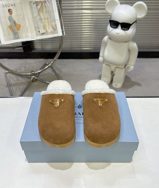 Prada Soft Suede Wool Lined Slip-On Clog Slippers