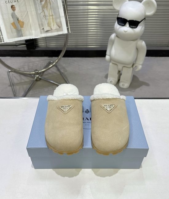 Prada Soft Suede Wool Lined Slip-On Clog Slippers