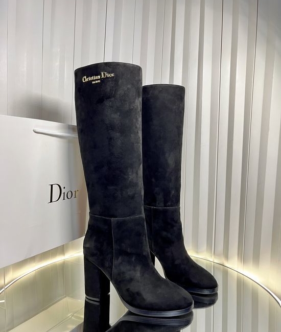 Christian Dior CD Block Heel Leather Riding Boots With Metal Logo Accent