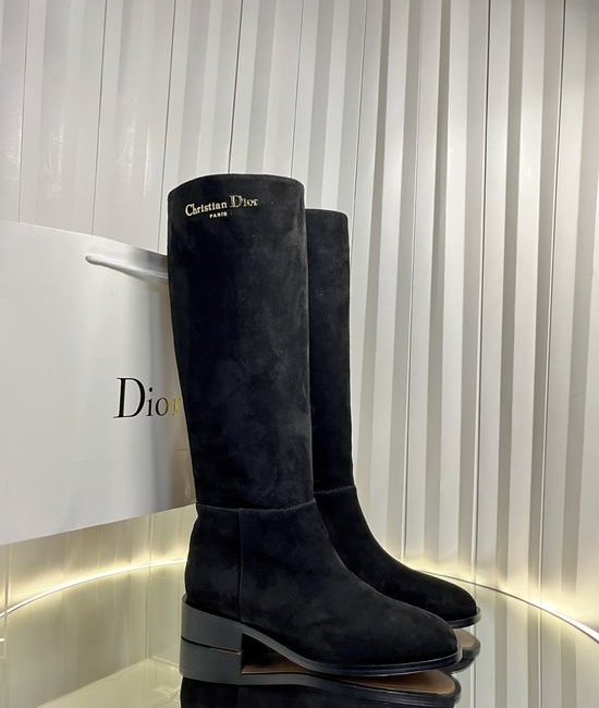 Christian Dior CD Block Heel Leather Riding Boots With Metal Logo Accent