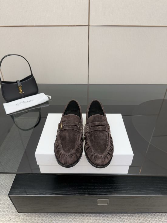 Yves Saint Laurent Classic Small Logo Loafer Shoes Almond Toe Leather Footwear