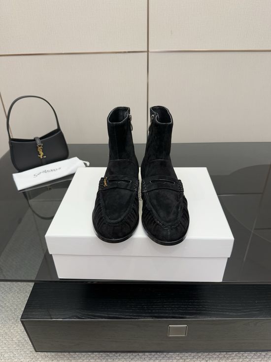 Yves Saint Laurent Small Logo Leather Loafers Almond Toe Formal Casual Shoes
