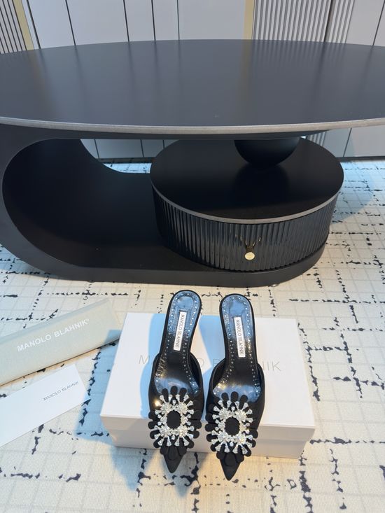 Manolo Blahnik Rhinestone Suede Mule Slide with Leather Sole