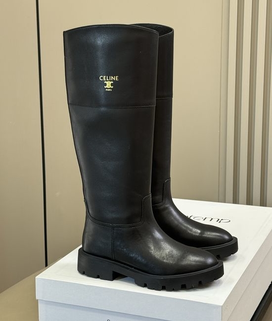 Celine Classic Embossed Logo Low Heel Knee High Boots