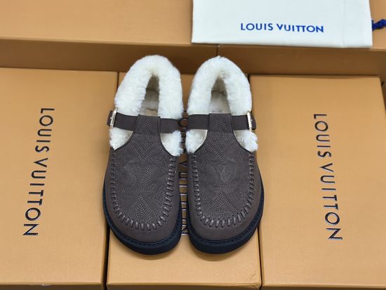 Louis Vuitton Premium Fuzzy Slippers with Leather Upper and Non-slip Sole