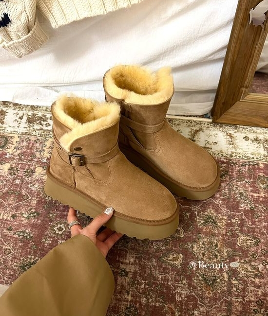 UGG Vintage Buckle Strap Plush Lined Height Boosting Warm Boots