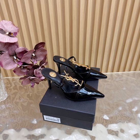 Yves Saint Laurent YSL Chic Pointed Toe Logo Detail Mule Heels