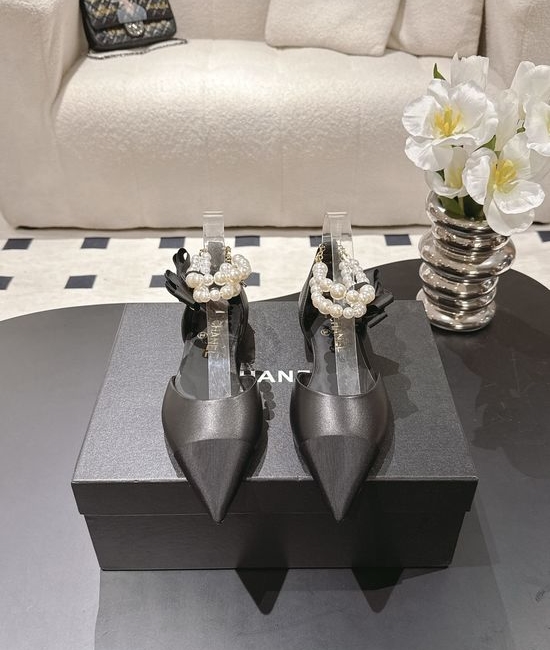 Chanel Elegant Pointed Toe Pearl Decor Leather Dress Shoes