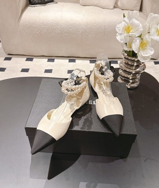 Chanel Elegant Pointed Toe Pearl Decor Leather Dress Shoes
