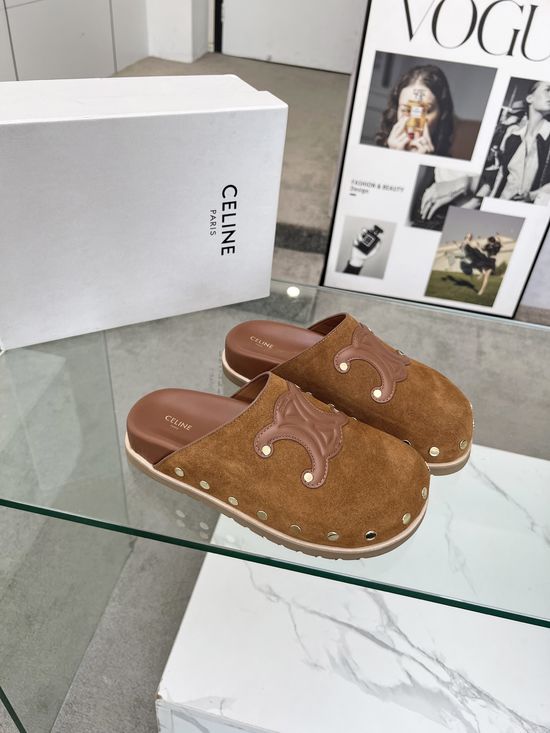 Celine Premium Leather Emblem Detail Comfortable Slip-on Mules