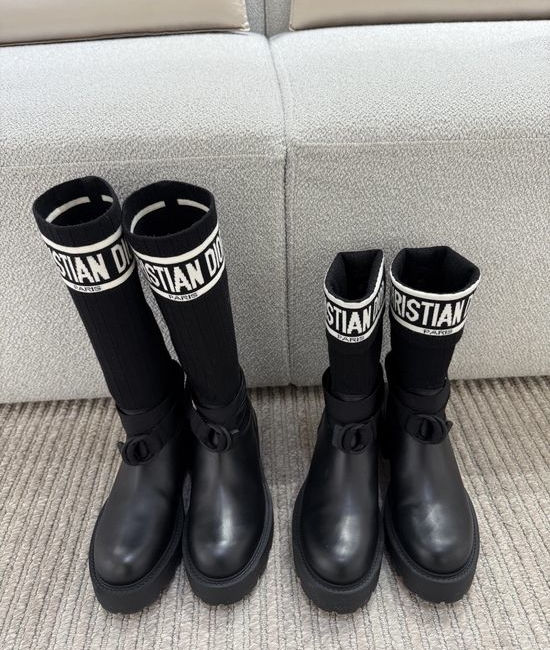 Christian Dior CD Stretchy Knit Shaft Leather Ankle Boots