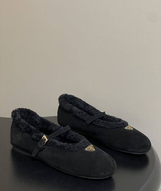 Prada Suede Warm Fleece Lined Mary Jane Flats