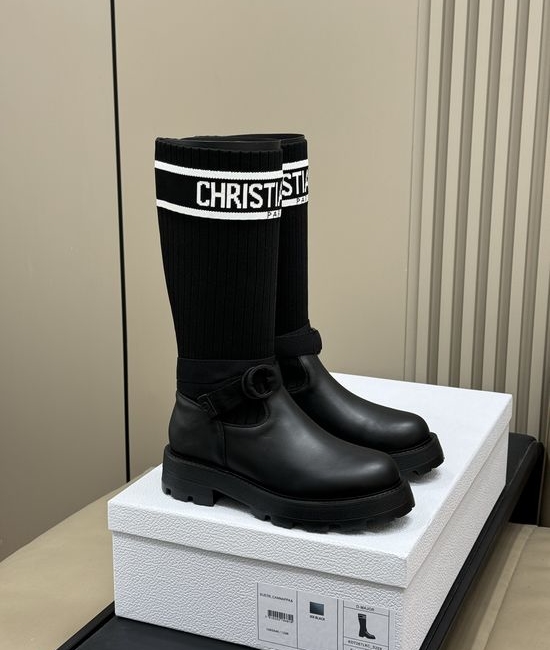 Christian Dior CD Stretchy Knit Shaft Leather Ankle Boots