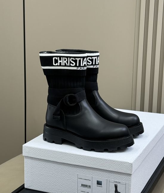Christian Dior CD Stretchy Knit Shaft Leather Ankle Boots