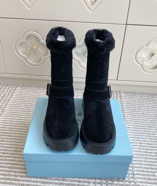 Prada Wool Lined Leather Buckle Platform Ankle Combat Boots