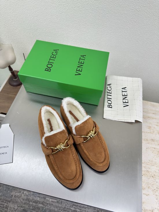 Bottega Veneta Shearling Lined Suede Loafer Shoes with Metal Buckle