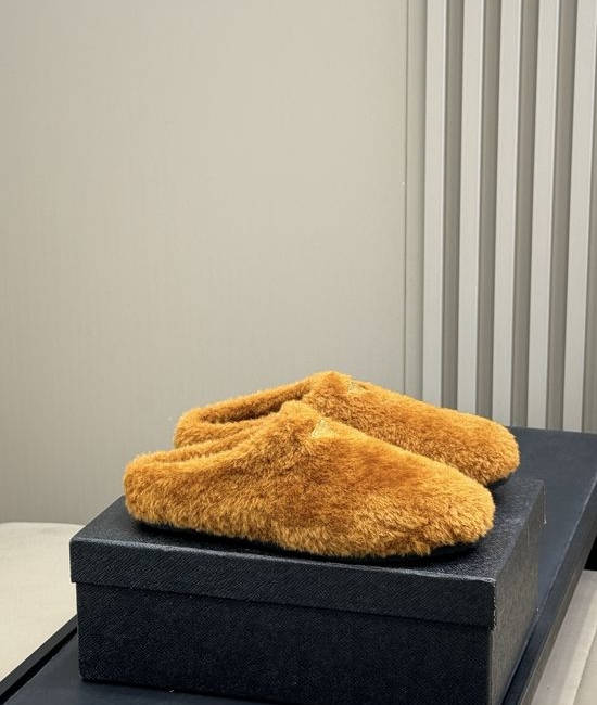 Prada Plush Fuzzy Mule Slippers Soft Lined Non-slip Durable Sole