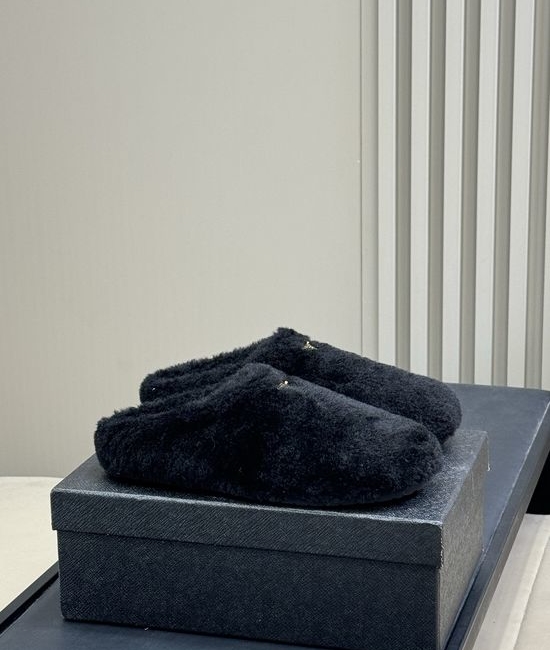 Prada Plush Fuzzy Mule Slippers Soft Lined Non-slip Durable Sole