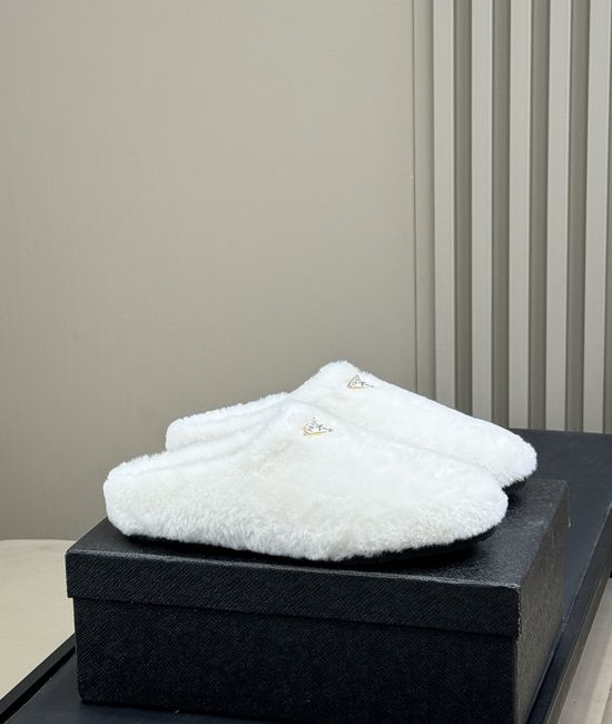 Prada Plush Fuzzy Mule Slippers Soft Lined Non-slip Durable Sole