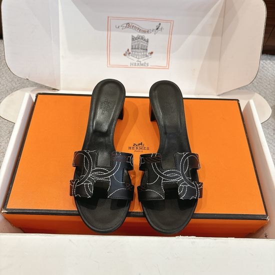Hermes Embroidered Wedge Slide Sandals Premium Leather 5cm Heel