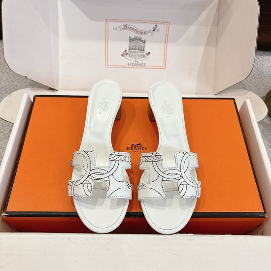 Hermes Embroidered Wedge Slide Sandals Premium Leather 5cm Heel
