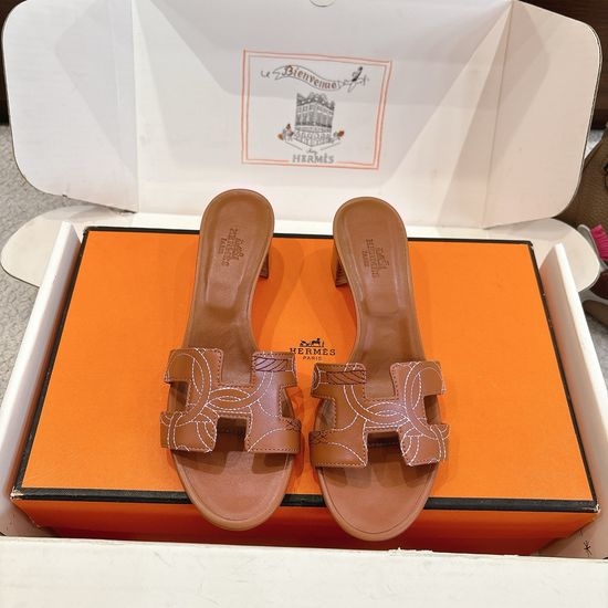 Hermes Embroidered Wedge Slide Sandals Premium Leather 5cm Heel