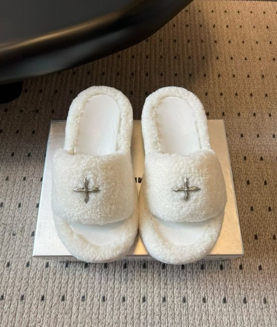 SMFK Fuzzy Open Toe Slippers with Cross Decor Non Slip Sole