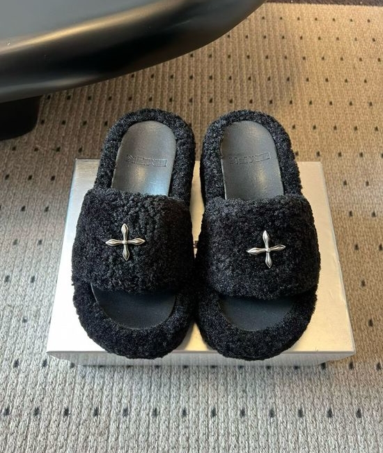 SMFK Fuzzy Open Toe Slippers with Cross Decor Non Slip Sole