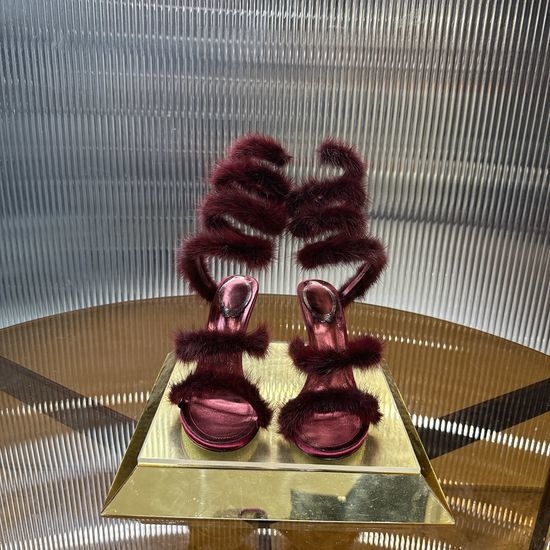 Rene Caovilla Mink Fur Crystal Embellished Leather Sole Heels