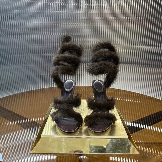 Rene Caovilla Mink Fur Crystal Embellished Leather Sole Heels