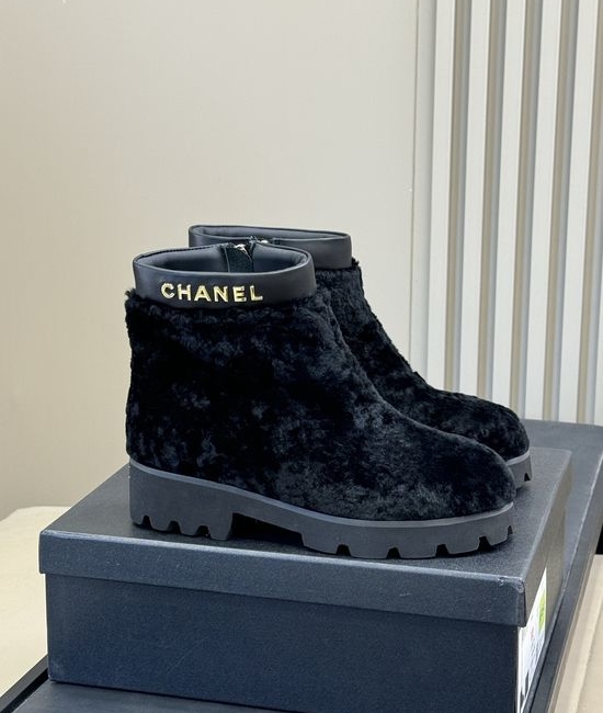 Chanel Warm Plush Short Boots With Leather Trim And Thick Sole
