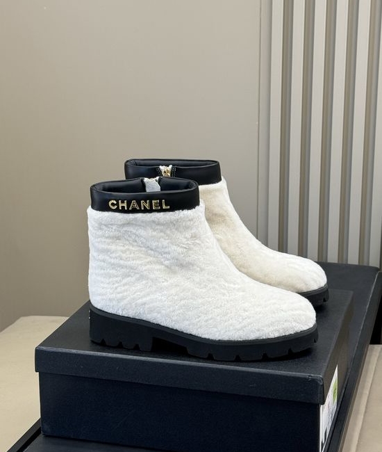 Chanel Warm Plush Short Boots With Leather Trim And Thick Sole