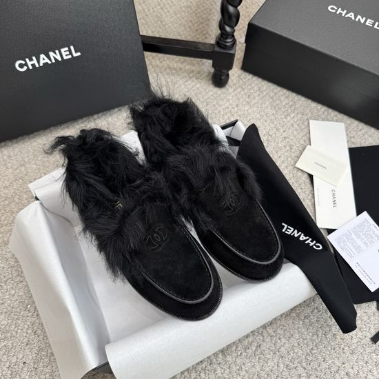 Chanel Luxury Faux Fur Loafers with Soft Wool Lining