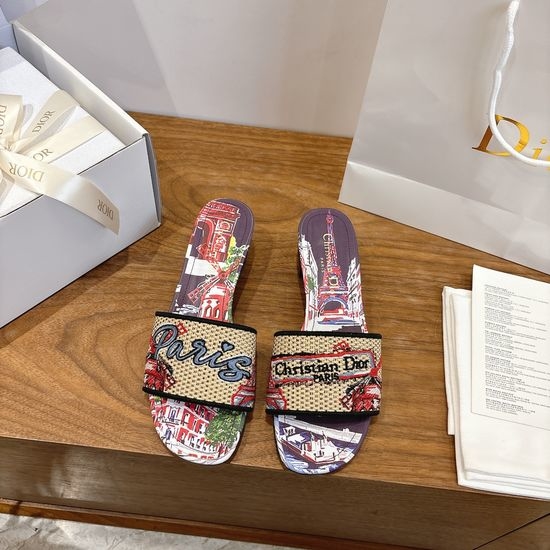 Christian Dior CD Silk Fabric Slip-on Sandals with CD Embroidery