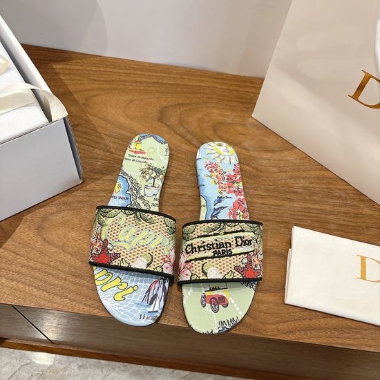 Christian Dior CD Silk Fabric Slip-on Sandals with CD Embroidery