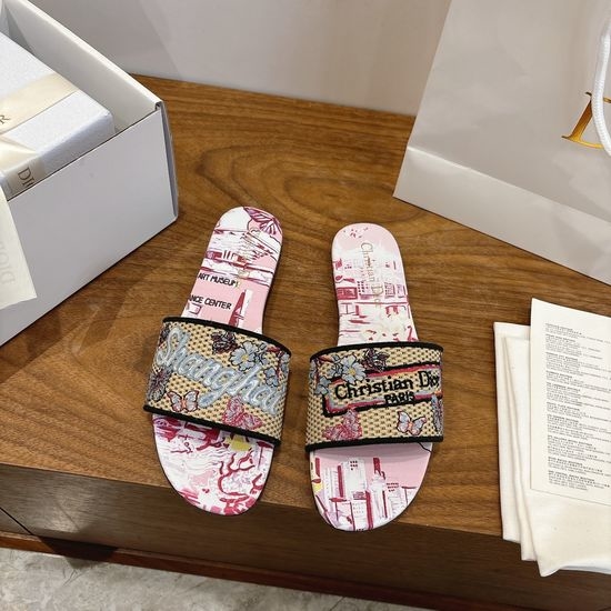 Christian Dior CD Silk Fabric Slip-on Sandals with CD Embroidery
