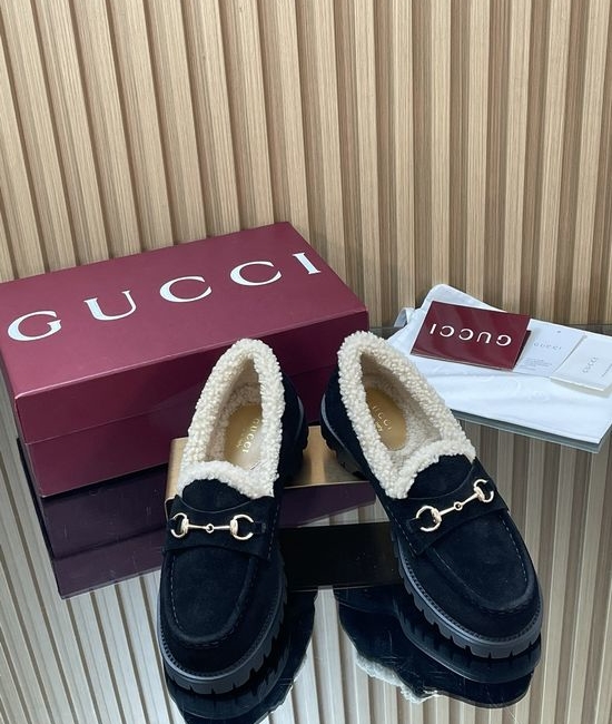 Gucci Faux Suede Fur Lined Loafers With Gold Horsebit Accent