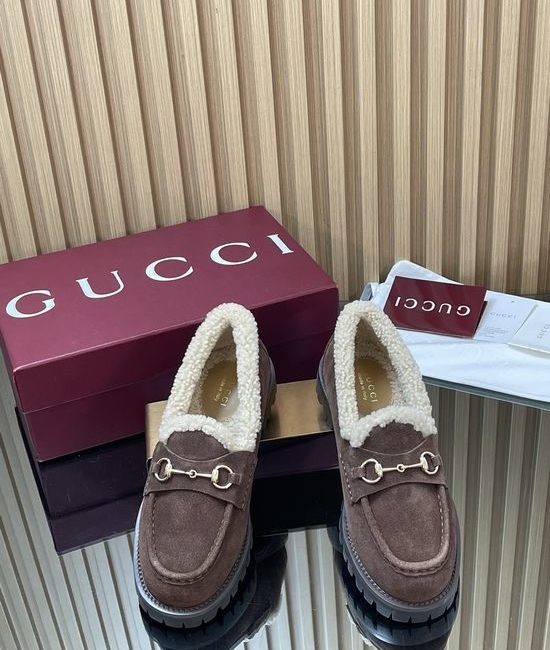 Gucci Faux Suede Fur Lined Loafers With Gold Horsebit Accent