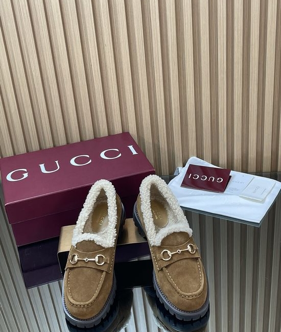 Gucci Faux Suede Fur Lined Loafers With Gold Horsebit Accent