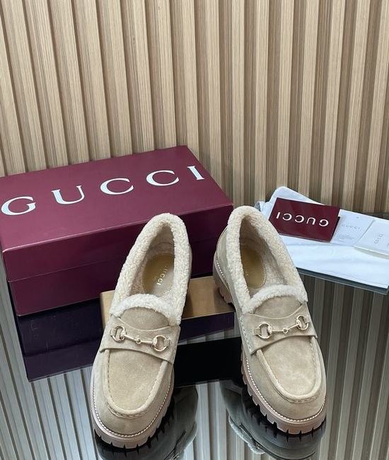Gucci Faux Suede Fur Lined Loafers With Gold Horsebit Accent