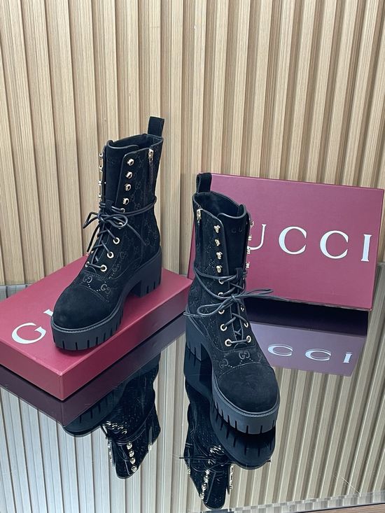Gucci Embossed Suede Lace-up Platform Ankle Boots