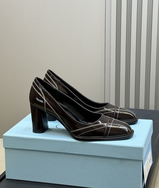 Prada Square Toe Chunky Heel Elegant Leather Pumps