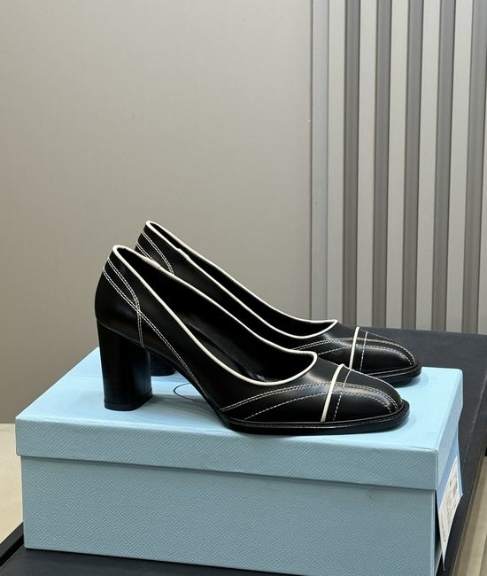 Prada Square Toe Chunky Heel Elegant Leather Pumps