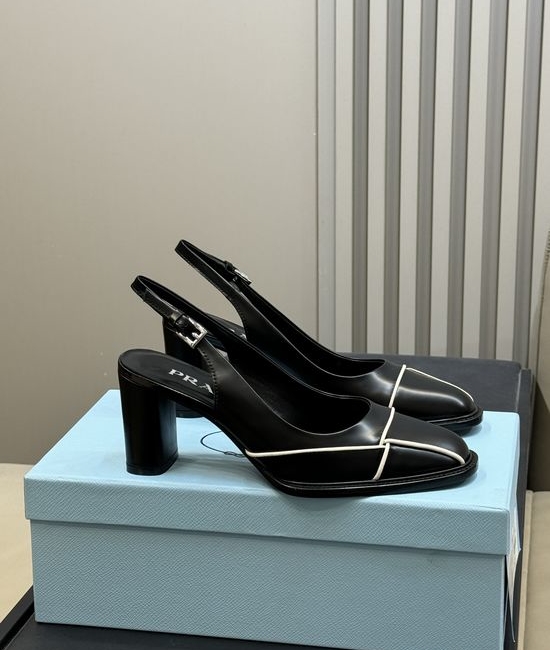 Prada Square Toe Chunky Heel Elegant Leather Pumps